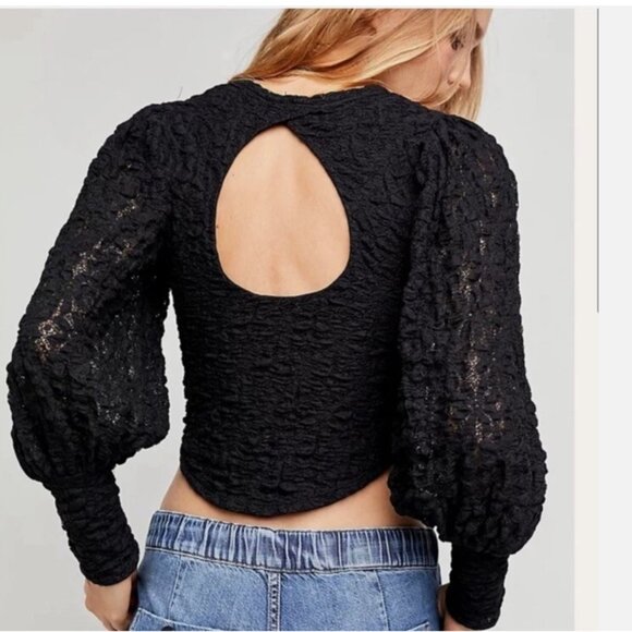 Free People Tea Time Black Textured Knit Crop Top Cut Out Back Women's Small - Picture 2 of 15